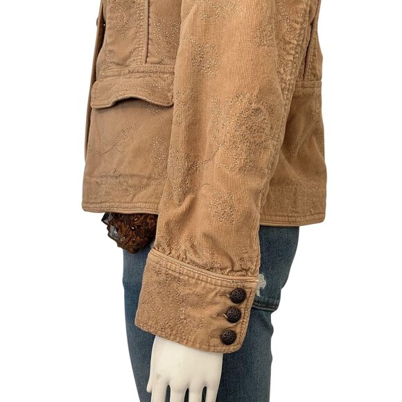 Vintage Y2K Tan Corduroy Jacket Tonal Floral Embroidered Medium Boho Cottagecore - Picture 11 of 13